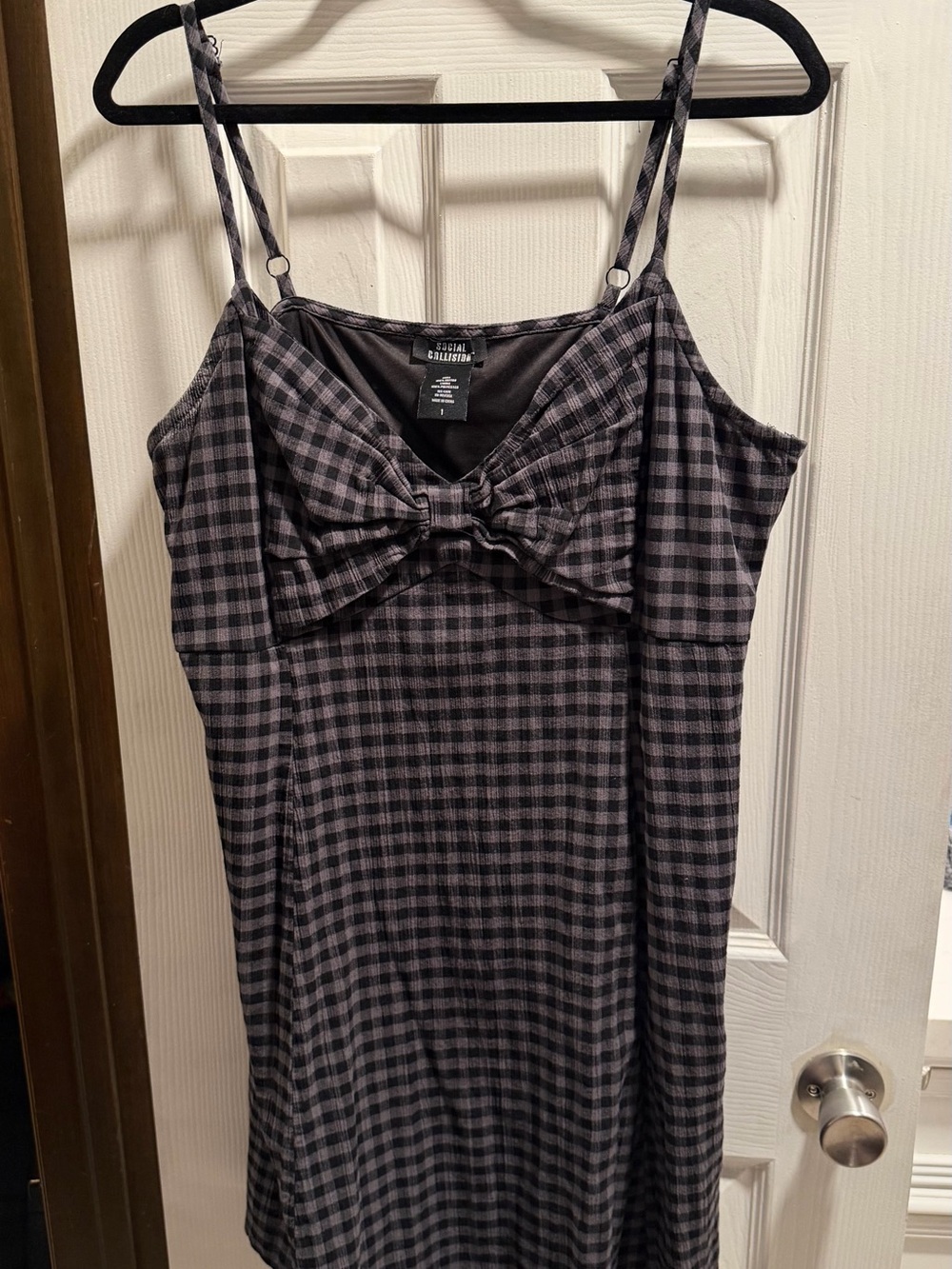 Plaid Bow-Front Mini Dress with pockets in Black and Gray